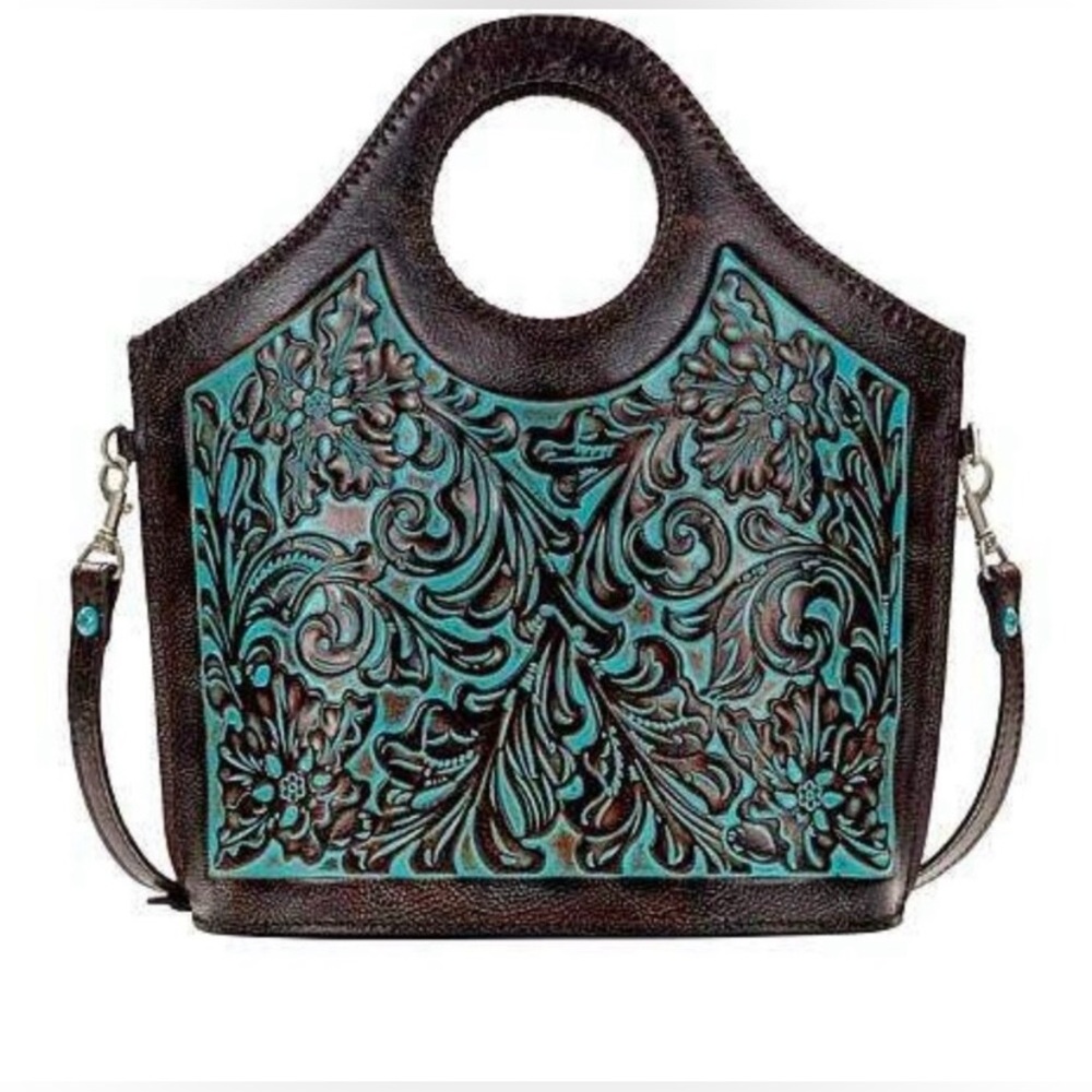 PATRICIA NASH, Tooled Leather Moreto, Turquoise Tote Crossbody Santa Fe Handbag